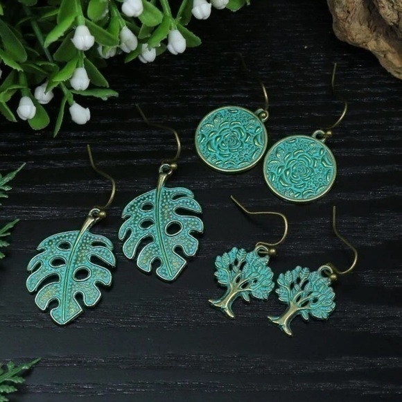 Jewelry - 3 pairs Hollow Out Drop Earrings Turquoise Flower Leaf Tree